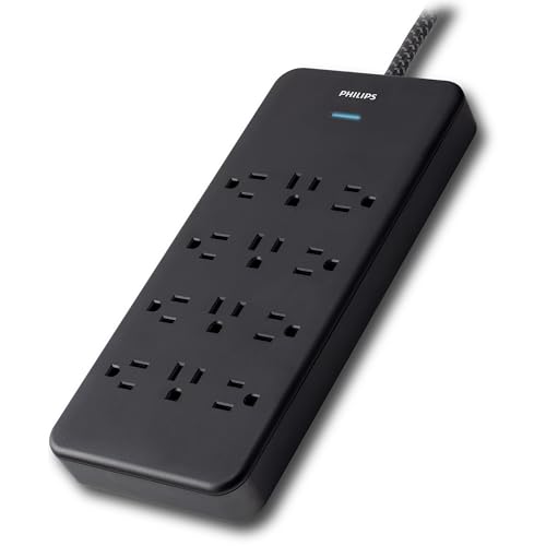 Philips 12-Outlet Surge Protector Power Strip, 6ft Braided Extension Cord, 3500 Joules, Multi Plug Outlet Extender, Adapter-Spaced, Black, SPP3813B/37 - style: 12 Outlet