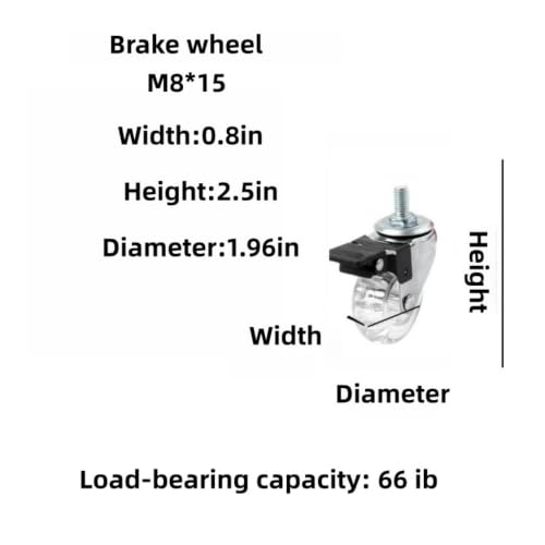 Castor Wheels 2-inch 8 * 15 Screw Brake Transparent Wheel Screw Threaded Stem Casters Office Chair Caster Wheel Clear Swivel Casters with Brake for Sofa Chair Cabinet Casters Wheels,Stem Casters