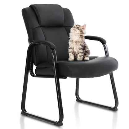 CLATINA Big and Tall Office Chair 500lbs Leather Reception Chair with Bonded Padded Armrest Wide Seat Sled Base Desk Chair No Wheels for Reception Conference Waiting Room Side Office Home, Black - color: Black Sled Base, size: 1 Pack