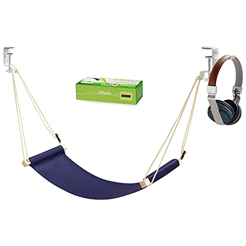 iMissiu Adjustable Office Foot Rest | Portable Under Desk Hammock with Headphones Holder (Blue) - color: Blue