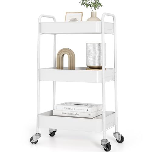 TOOLF 3 Tier Metal Rolling Cart, Utility Storage Cart with Wheels, White | Screwless Assembly, Lockable Metal Wheels, Trolley Organizer for Bathroom, Kitchen, Office, Dorm, Laundry, Craft Room - color: White, size: 3-Tier