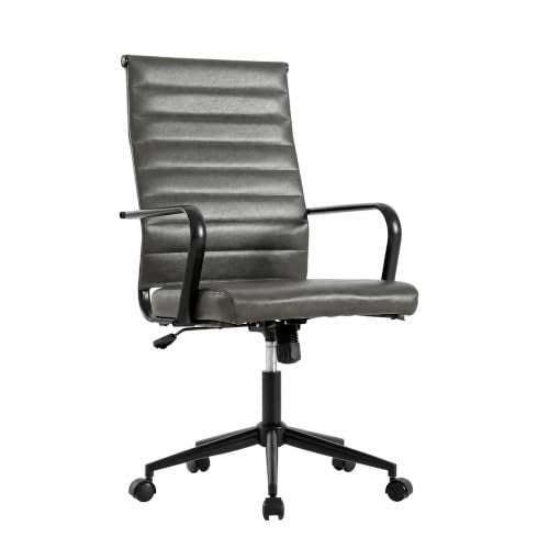 Okeysen Genuine Leather Office Desk Chair, Mid-Century Modern Real Leather Conference Room Chairs, Ergonomic Executive Ribbed Height Adjustable Swivel Rolling Chair for Home Office. - color: Dark Grey