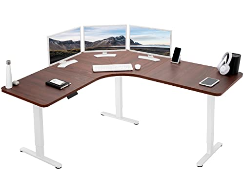 VIVO Electric Height Adjustable 71 x 71 inch Curved Corner Stand Up Desk, Dark Walnut Table Top, White Frame, Memory Controller, L-Shaped Workstation, E3C Series, DESK-KIT-E3CWD - color: Dark Walnut Top / White Frame, size: 71" x 71"
