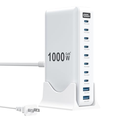 1000W USB C Charger Block,10-Port USB C Charging Station GaN IV Travel Essentials Multiple Port Charging Station,140W Laptop Fast Charger Adapter for MacBook Pro/Air,DELL,iPad,iPhone,Samsung Galaxy - color: White