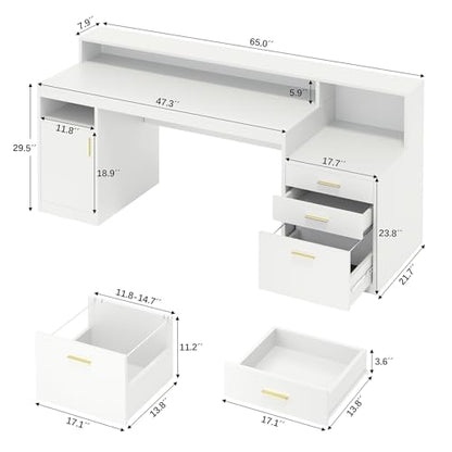 65" White Computer Desk with 3 Drawers & Printer Shelf for Home Office | White Desk with Printer Shelf & File Drawer, Executive Desk Writing Study Table with Monitor Stand, Storage Cabinet - color: White