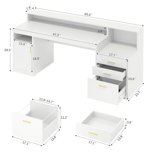 65" White Computer Desk with 3 Drawers & Printer Shelf for Home Office - color: White
