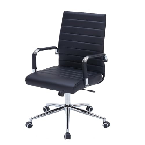 Black Leather Ribbed Office Mid-Back Desk Conference Chair with Wheels | Ergonomic Mid-Back Executive Chairs with Wheels Adjustable Swivel Computer Task Desk Chair with Arms and Thick Padded Seat - color: Black, size: Mid Back