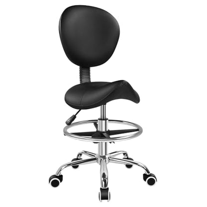 KKTONER Black Saddle Drafting Chair with Back Swivel Office Chair with Footrest Height Adjustable for Work Home Computer Task Stool Chair with Wheels