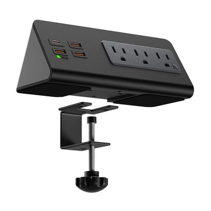 Upgraded,Desk Edge Clamp Mount Power Strips with USB Ports, PD20 W Fast Charging USB-C Port and 3 AC Outlets, Nightstand Charging Station,Office Tabletop Accessories,5.6 Ft Extension Cord