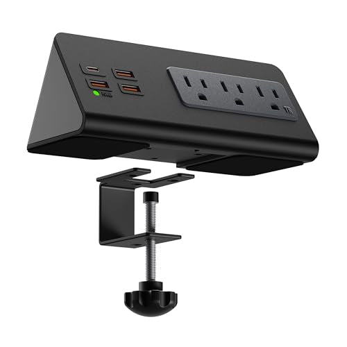 Upgraded,Desk Edge Clamp Mount Power Strips with USB Ports, PD20 W Fast Charging USB-C Port and 3 AC Outlets, Nightstand Charging Station,Office Tabletop Accessories,5.6 Ft Extension Cord
