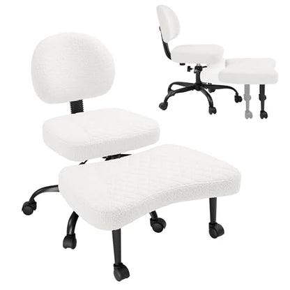 GUNJI Ergonomic Criss Cross Legged Office Chair, 360° Swivel Meditation Kneeling Chair with Wheels, ADHD Chair with Footrest, Lumbar Support, Wider Height Adjustable Seat (White, Faux Leather) - color: White