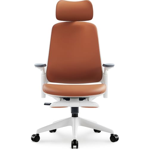 Sunaofe Boss Pro Leather Ergonomic Office Chair with Footrest - Executive Chair, 4D Armrests, Adaptive Lumbar, 125° Recline, 300lb Capacity, 5-Year Warranty White Frame/Brown - color: White Frame/Brown