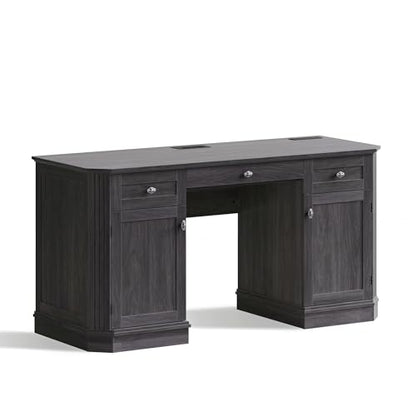 59" Classic Executive Desk with Storage, Victorian Executive Desk with Charging Station, Keyboard Tray, 3 Drawers & 2 Cabinet Storage & 2 Pedestals, Easy Assembly, Black - color: Black