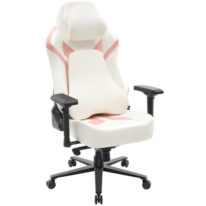 Ergonomic Gaming Chair, Computer Desk Chairs, 4D Armrests, High Back Office Chair with Headrest & Lumbar Pillow, Tilt Rocker Recliner, Heavy-Duty Base, White PU Leather & Pink Suede Comb