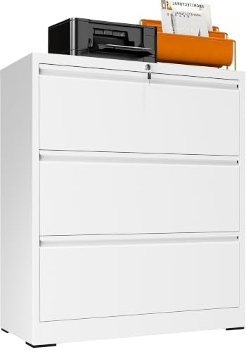 3 Drawer Lateral File Cabinet with Lock, Metal File Cabinets for Home Office, Office Furniture for Organization Hanging Legal/Letter/A4, Metal Filing Cabinet Storage Cabinet, Require Assembly, White - color: White, size: 3 Drawers (35.43 in Width)