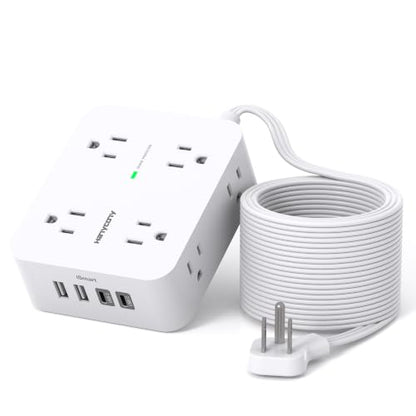 15 Ft Long Extension Cord with Multiple Outlets, Flat Plug Power Strip | Surge Protector, 1080J, 8 Outlets 4 USB Ports(2 USB C), Desk Outlet Extender, Wall Mount, Home Office Dorm Room Essentials
