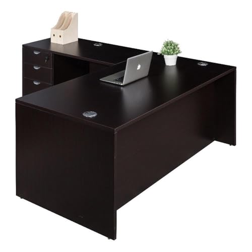 Pemberly Row L-Shaped Engineered Wood Desk, 119 x 71 x 29.5 in, Mocha Finish, File Pedestal with Locking Drawers, Scratch-Resistant Office/Home Office Desk with Reversible Return