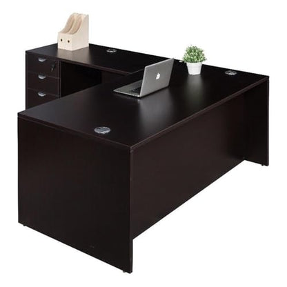 Pemberly Row L-Shaped Engineered Wood Desk, 119 x 71 x 29.5 in, Mocha Finish, File Pedestal with Locking Drawers, Scratch-Resistant Office/Home Office Desk with Reversible Return