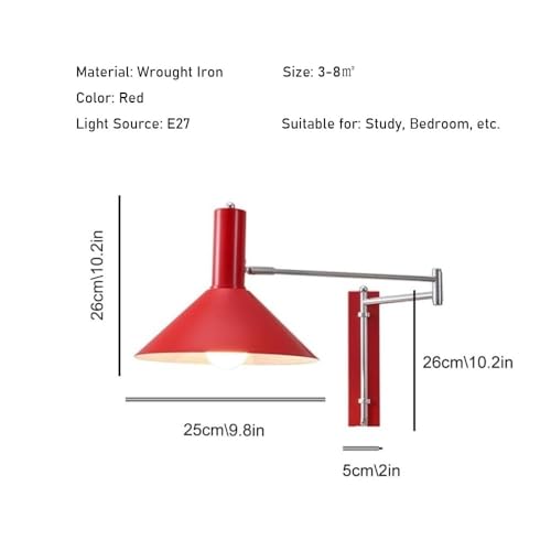 Modern Industrial Red Conical Shade Wall Sconce Minimalist Adjustable Swing Arm Wall Lamp Interior Accent Wall Mount Light Fixture for Bedroom Study Living Room