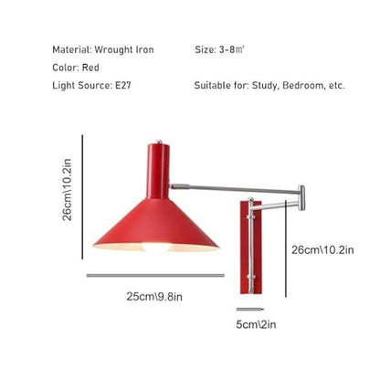 Modern Industrial Red Conical Shade Wall Sconce Minimalist Adjustable Swing Arm Wall Lamp Interior Accent Wall Mount Light Fixture for Bedroom Study Living Room