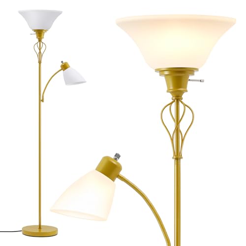 Floor Lamps for Living Room, 70" Tall Torchiere Floor Lamps, Plastic Shade | Tall Lamp with Adjustable Gooseneck Reading Light, Modern Corner Standing Lamp for Bedroom, Office, Separate On/Off Switch - color: Gold
