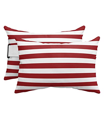 T&H XHome Outdoor Pillow for Chaise Lounge Chair, Christmas Red and White Stripe Waterproof Headrest Pillow Lumbar Pillows with Adjustable Elastic Strap for Beach, Poolside, Patio, Office (2 Pack) - color: Christmas Red Stripethh9304, size: 11 x 16 Inch -
