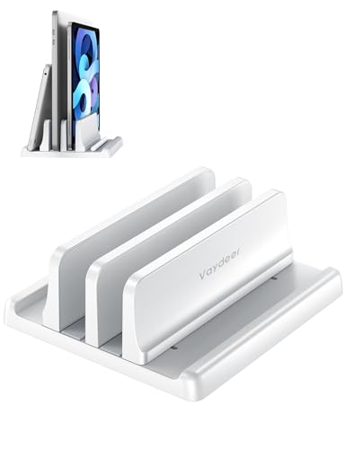 Vaydeer Vertical Laptop Stand for Desk, Dual Slots Plastic Laptop Holder Organizer with Space Saving 4-in-1 Design, Adjustable Laptop Stand Storage Supports MacBook, Chromebook, Surface, Dell (White) - color: White