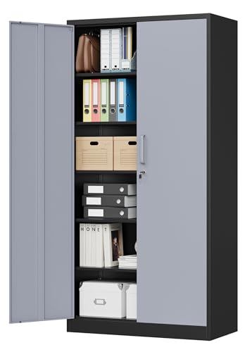 MIIIKO Metal Storage Cabinet with 6 Tier Shelves and Locking Doors, 72" x 36" x 18" Steel Garage Storage Cabinets for Home, Garage, Pantry Workshop Warehouse… - color: Black Gray, style: 72"H-Handle