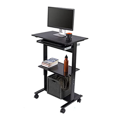 Stand Up Desk Store Mobile Rolling Adjustable Height Standing Workstation with Printer Shelf and Slideout Keyboard Tray (Black Frame/Black Top, 30" Wide) - color: Black/Black