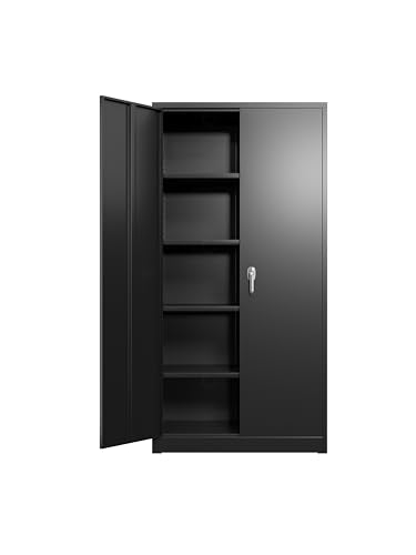 Black Iron Metal Lockable Storage Cabinet - Durable Home Office Garage Organizer for TV & Slim Storage - Secure Sideboard Locking Filing Pantry Tall Bathroom Floor Storage Cabinet with Lock - size: 31.48'' Black