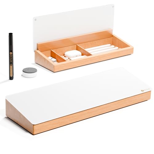 Glass Desktop Whiteboard with Wood Organizer for Small Office Accessories, Aesthetic Desk Dry Erase White Board with Drawer for Home Office Cubicle, Marker & Eraser Included, Yeoux - color: White