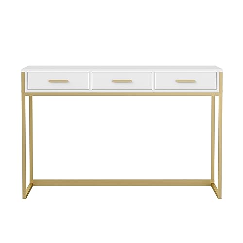 Martha Stewart Ollie Home Office Desk with 3 Drawers in White with Polished Brass Hardware - color: White Top/Polished Brass Frame