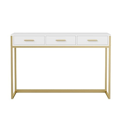 Martha Stewart Ollie Home Office Desk with 3 Drawers in White with Polished Brass Hardware - color: White Top/Polished Brass Frame