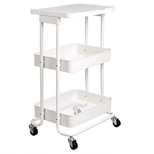 Amazon Basics 2-Tier Rolling Metal Utility Cart with Shelf, Portable Multi-Functional Storage, White