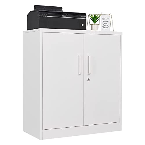 PEUKC Metal Storage Cabinet with Lock, 36" Small Steel Locker Storage Cabinets, 2 Adjustable Shelves 2 Doors for Home, Office, Garage and Kitchen (White) - color: White, size: 36'' Pull Handle