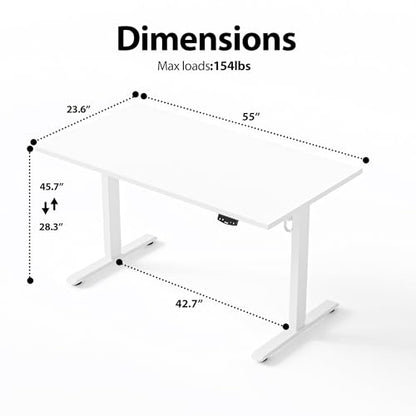 Agilestic Electric Height Adjustable Standing Desk, 55 Inch, White | Smooth Height Adjustment, Memory Presets, Hooks, Stable Steel Frame,154 lbs Capacity, Easy Assembly, Splice Board - color: White, size: 55 x 24 Inch