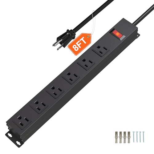 6 Outlet Heavy Duty Power Strip with Long Power Cord,Mountable Power Strip Without Surge Protector for Garage,Industrial,School and Home,15A 125V 1875W,ETL Approved and Listed,Black (8FT) - color: Black（6 outlet）, size: 8FT