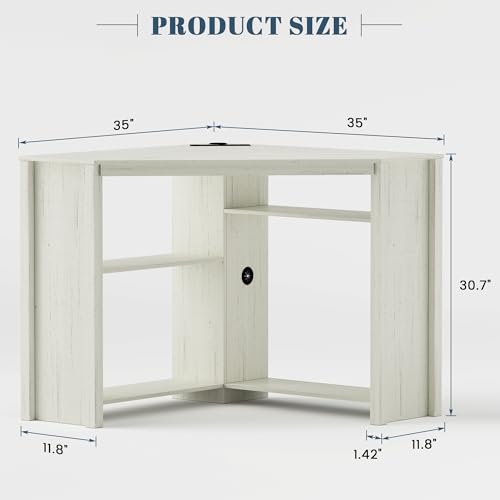 Corner Desk for Small Space with Charging Station & LED Light White | Smart Triangle Gaming Computer Desk for Home Office, Space Saving Storage Shelves, CPU Stand - color: White