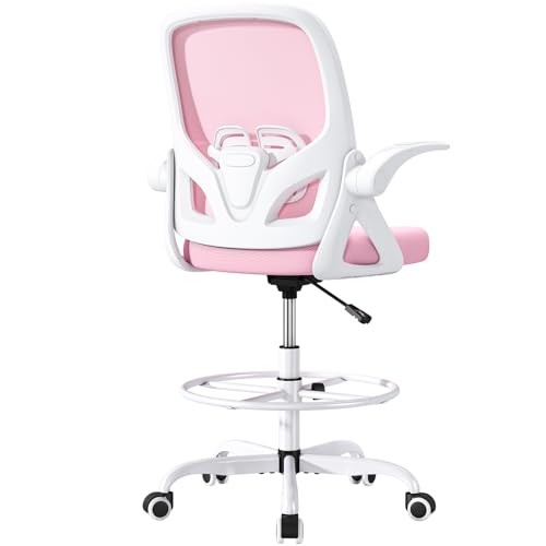 ORRSAKER Drafting Chair, Tall Office Chair with Flip-up Arms, Mesh Ergonomic Computer Standing Desk Chair with Adjustable Height Foot Ring and Lumbar Support, 300 LBS Capacity, Pink - color: Pink