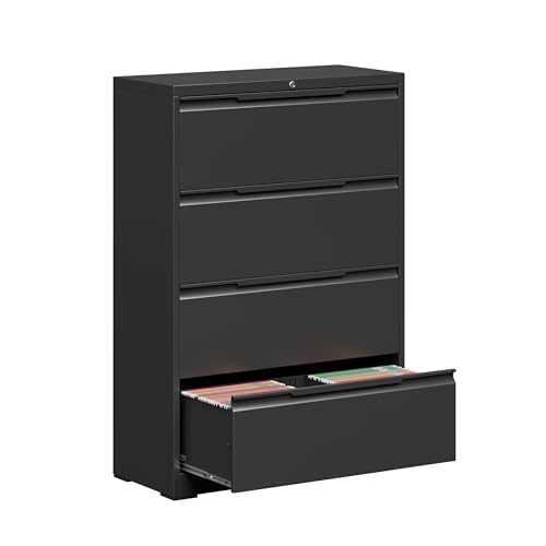 Metal Steel Filling Cabinets for Home Office - 4 Drawer Lockable Lateral File Cabinet for Hanging Files Letter/Legal/F4/A4 Size, Assembly Required - Black - color: Black, size: 4 Drawer-Lateral-36"W