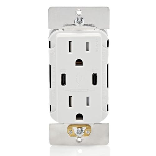 Leviton 60W (6A) USB Dual Type-C/C Power Delivery in-Wall Charger with 15A Tamper-Resistant Outlet, USB Charger for Smartphones, Tablets, Laptops, T5636-W, White - color: White, style: Type C/C 60W USB