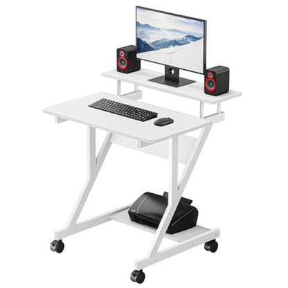 Dripex Computer Desk for Small Spaces, 27.5 inch Small Computer Desk, 3 Tier Compact Desk with Monitor Shelf and Bottom Storage Shelves, Space Saving Desk, White - color: White