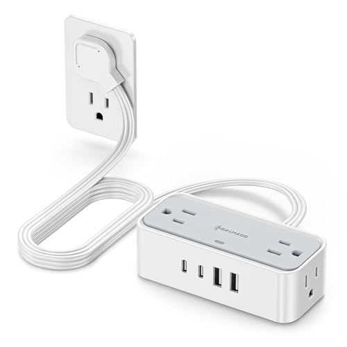 Surge Protector Power Strip, REALMADE 4 AC 4 USB Power Strip, Flat Plug Outlet Extender, 5Ft Extension Cord, Wall Mount Desk Charging for Home Office， Gray & White - size: 5FT