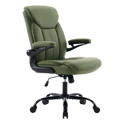 Ergonomic Home Office Chair PU Leather Comfy Computer Chair, Green | Flip-up Armrest, Height Adjustable, Lumbar Support, 360° Swivel Wheels Managerial Executive Chairs for Work Gaming Home Use - color: Green