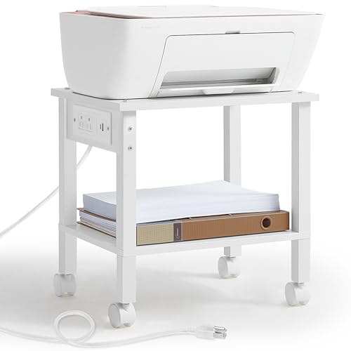 YUFAM 2 Tier Under Desk Printer Stand with Charging Station, White - color: White, size: 11.8"D×15.7"W×15.3"H(With USB)