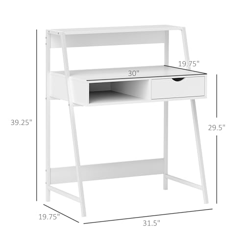 HOMCOM Home Office Desk with A Frame for Small Spaces, White | Computer Desk, Writing Table, with Drawer, Storage Shelves - color: White