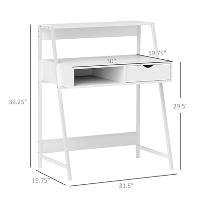 HOMCOM Home Office Desk with A Frame for Small Spaces, White | Computer Desk, Writing Table, with Drawer, Storage Shelves - color: White