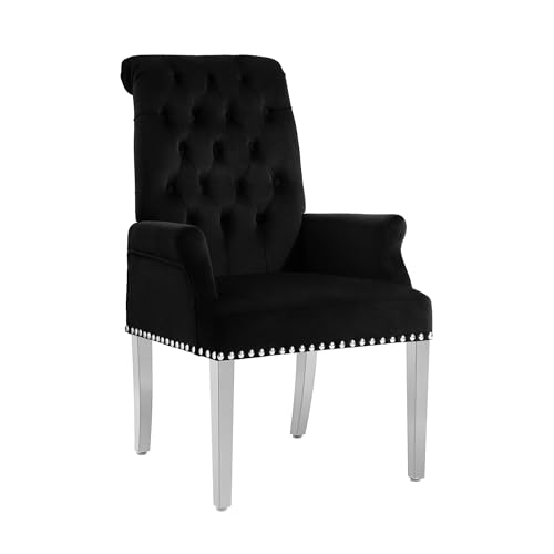 Velvet Dining Chairs with Arms, Upholstered Dining Room Chairs, Black | Upholstered, High Back, Tufted, Luxurious, Stainless Steel Leg, for Kitchen & Dining Room - color: Black, size: 1 PCS