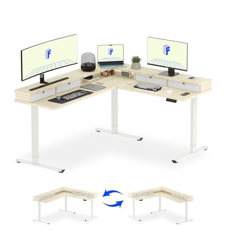 FLEXISPOT Reversible L-Shaped Corner Standing Desk with Monitor Shelf | 71x63", Maple, 4 Storage Drawers, Height Adjustable, Anti-Collision, Memory Presets, Sit Stand Desk for Home Office & Gaming - size: 71x63"丨Maple