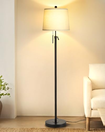 JUNNAI Floor Lamps for Living Room, Black Floor Lamp Adjustable Height Standing Lamp, Dimmable Modern Tall Floor Lamp for Bedroom Office with Beige Linen Shade, 8W 3000K Bulb Included - color: Black+Beige Shade